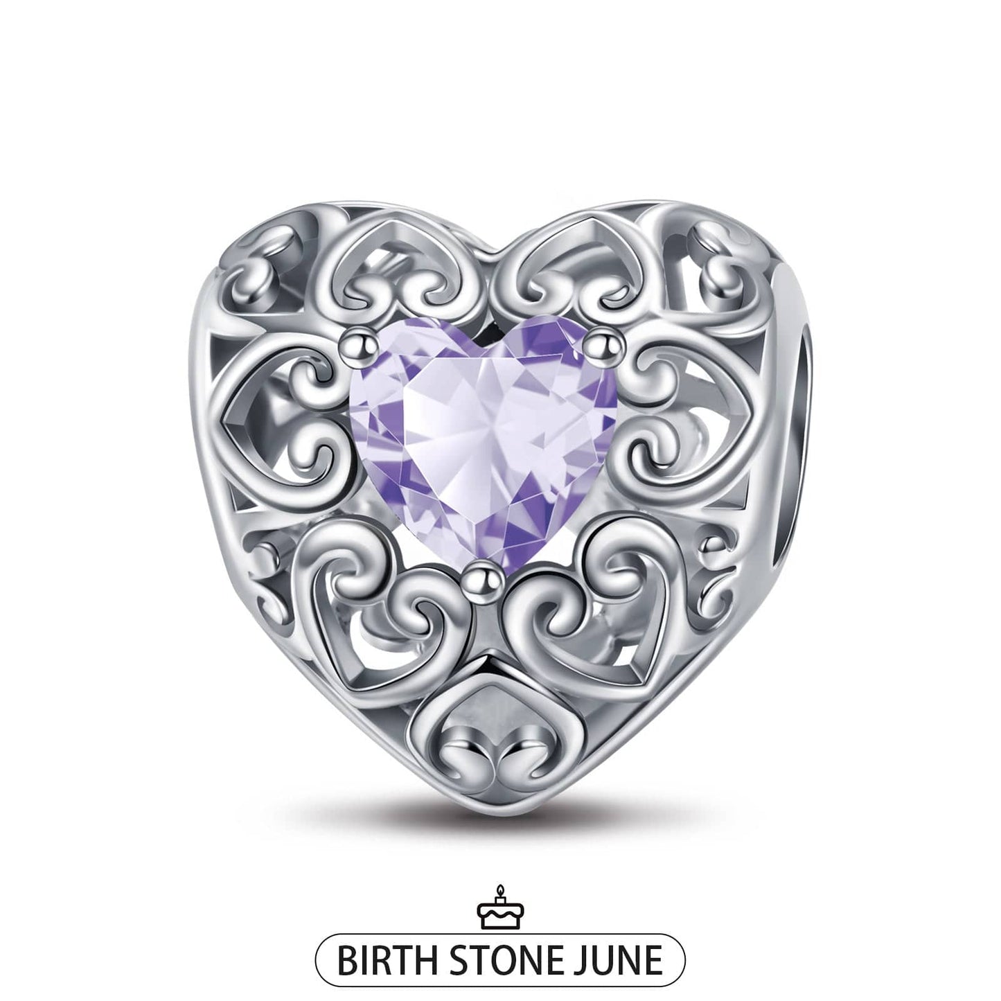 Sterling Silver Love Heart Birthstone June Charms In White Gold Plated