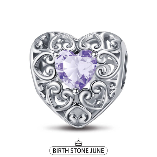 gon- Sterling Silver Love Heart Birthstone June Charms In White Gold Plated