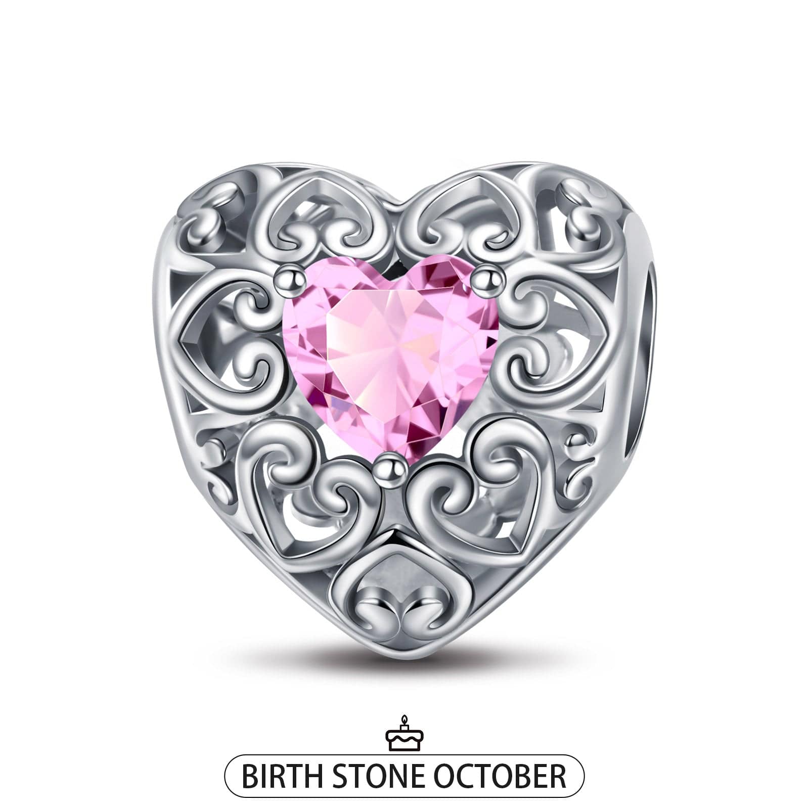 STERLING SILVER LOVE HEART BIRTHSTONE OCTOBER CHARMS IN WHITE GOLD PLA ...
