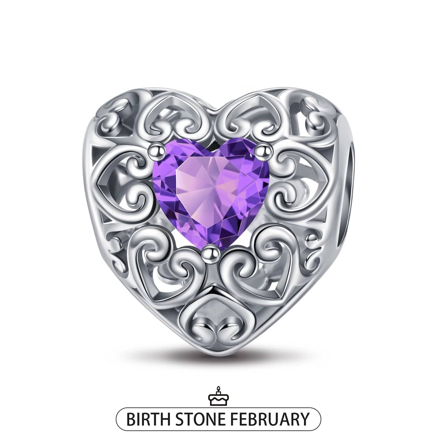 Sterling Silver Love Heart Birthstone February Charms In White Gold Plated
