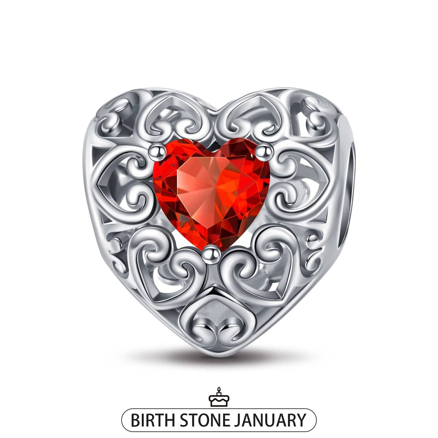 Sterling Silver Love Heart Birthstone January Charms In White Gold Plated