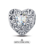 Sterling Silver Love Heart Birthstone April Charms In White Gold Plated