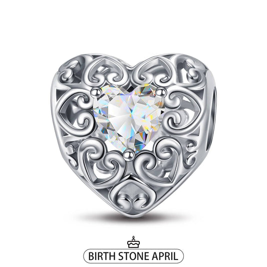 gon- Sterling Silver Love Heart Birthstone April Charms In White Gold Plated