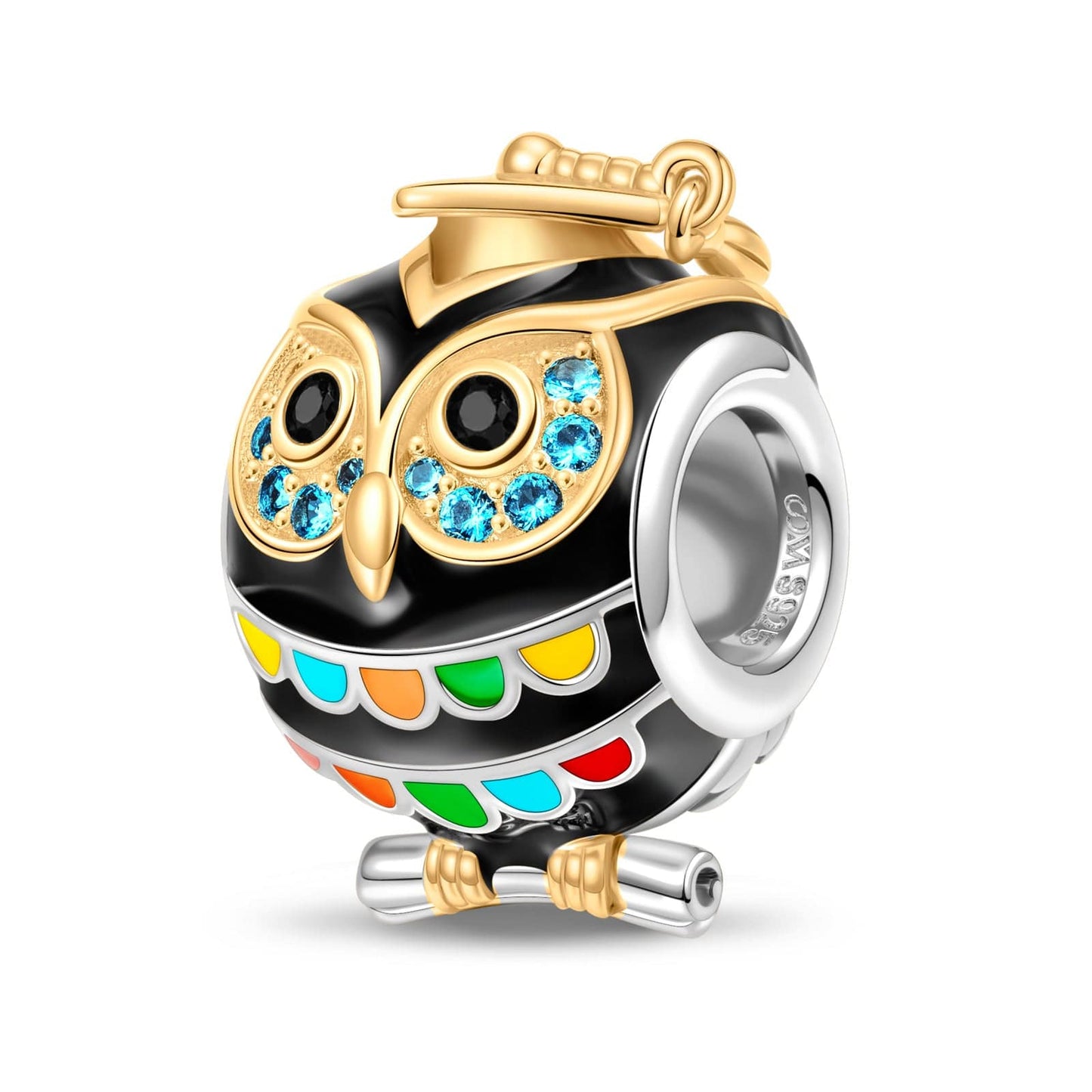 Sterling Silver Happy Graduation Owl Charms With Enamel In Two-Tone Plating