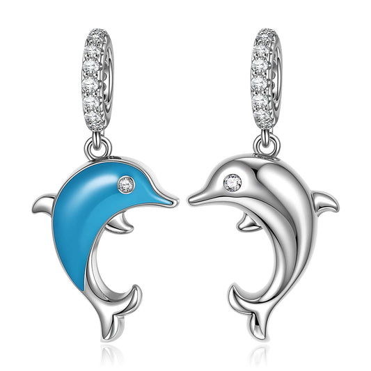 gon- Sterling Silver Leaping Dolphins Charms With Enamel In White Gold Plated