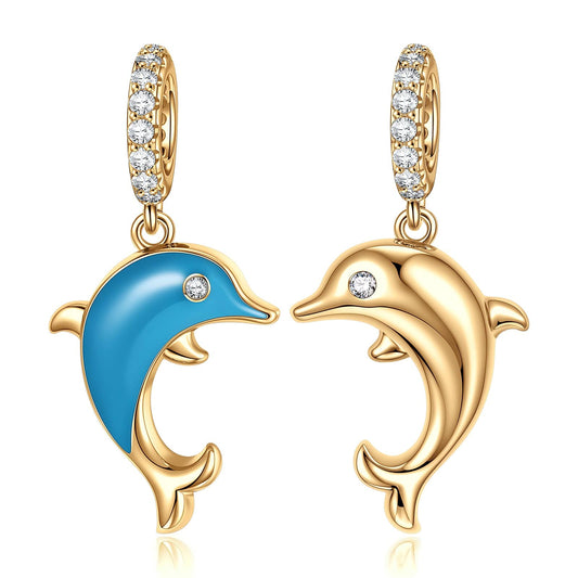 gon- Leaping Dolphins Tarnish-resistant Silver Charms With Enamel In 14K Gold Plated