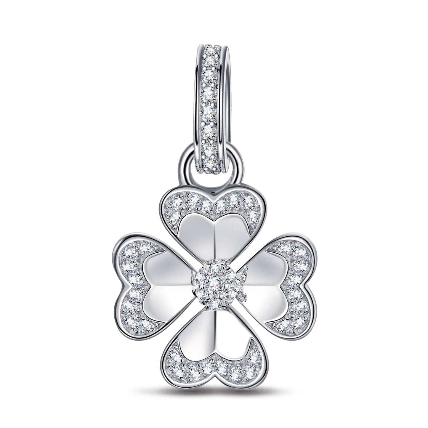 Sterling Silver Lucky Clover Dangle Charms In White Gold Plated