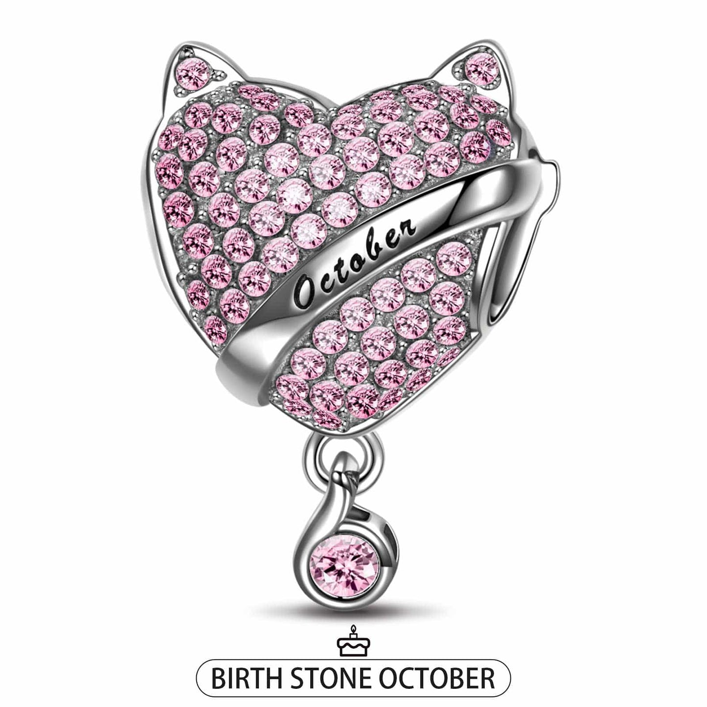 Sterling Silver October Fox Birthday Stone Charms In White Gold Plated