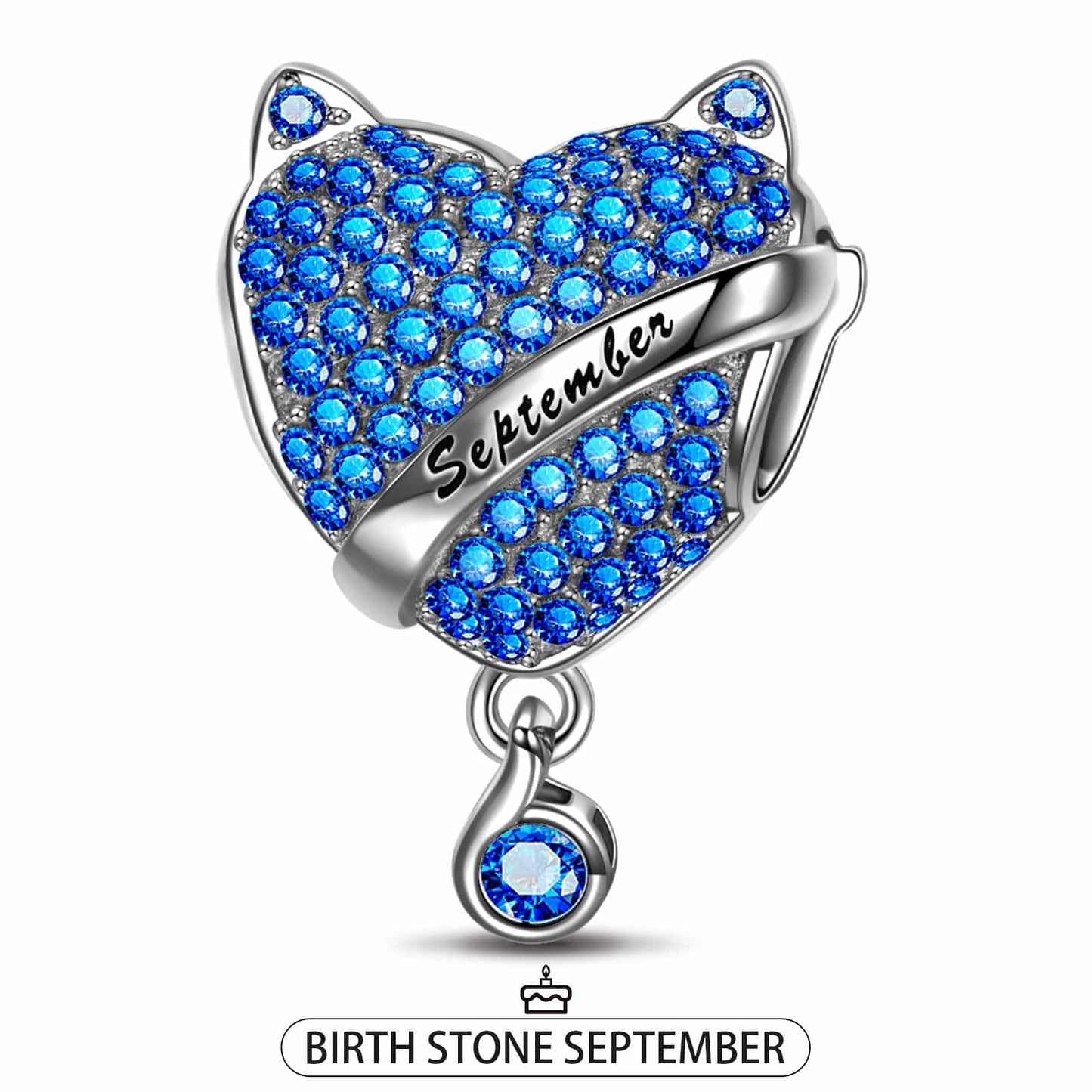 Sterling Silver September Fox Birthday Stone Charms In White Gold Plated