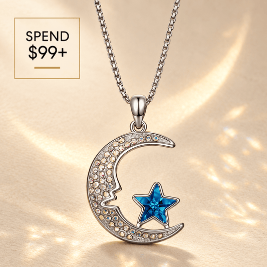 gona- Exclusive Gift Offer: Spend $99+ in a Single Purchase to Get This Crescent Moon Face Blue Star Swarovski® Crystal Pendant Necklace in WHite Gold Plated for FREE (Ships With Order, No Need to Add to Cart)
