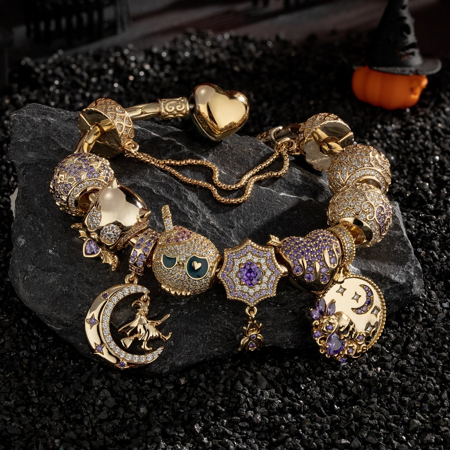 Sterling Silver Mystic Midnight Charms Bracelet Set With Enamel In 14K Gold Plated (Includes bracelet and all charms shown)
