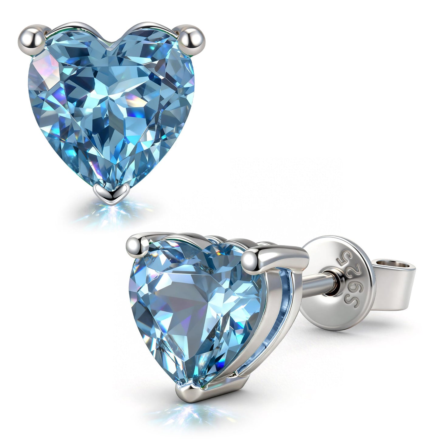 Sterling Silver 3.2 CT.TW Santa Maria Vivid Blue Lab-Created Aquamarine Heart Stud Earrings, March Birthstone Earrings with White Gold Plating (Includes GRC Certification From Gemstone Research Center)