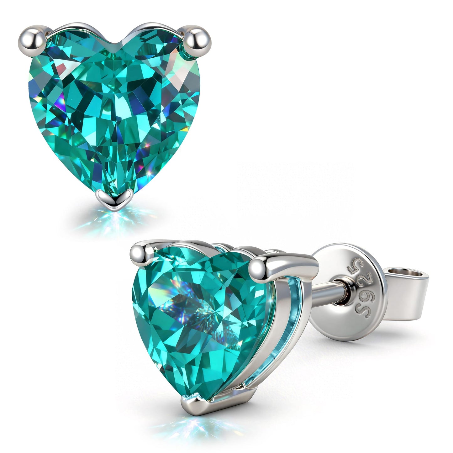 Sterling Silver 3.2 CT.TW Paraiba Neon Greenish Blue Lab-Created Heart Stud Earrings, December Birthstone Earrings with White Gold Plating (Includes GRC Certification From Gemstone Research Center)