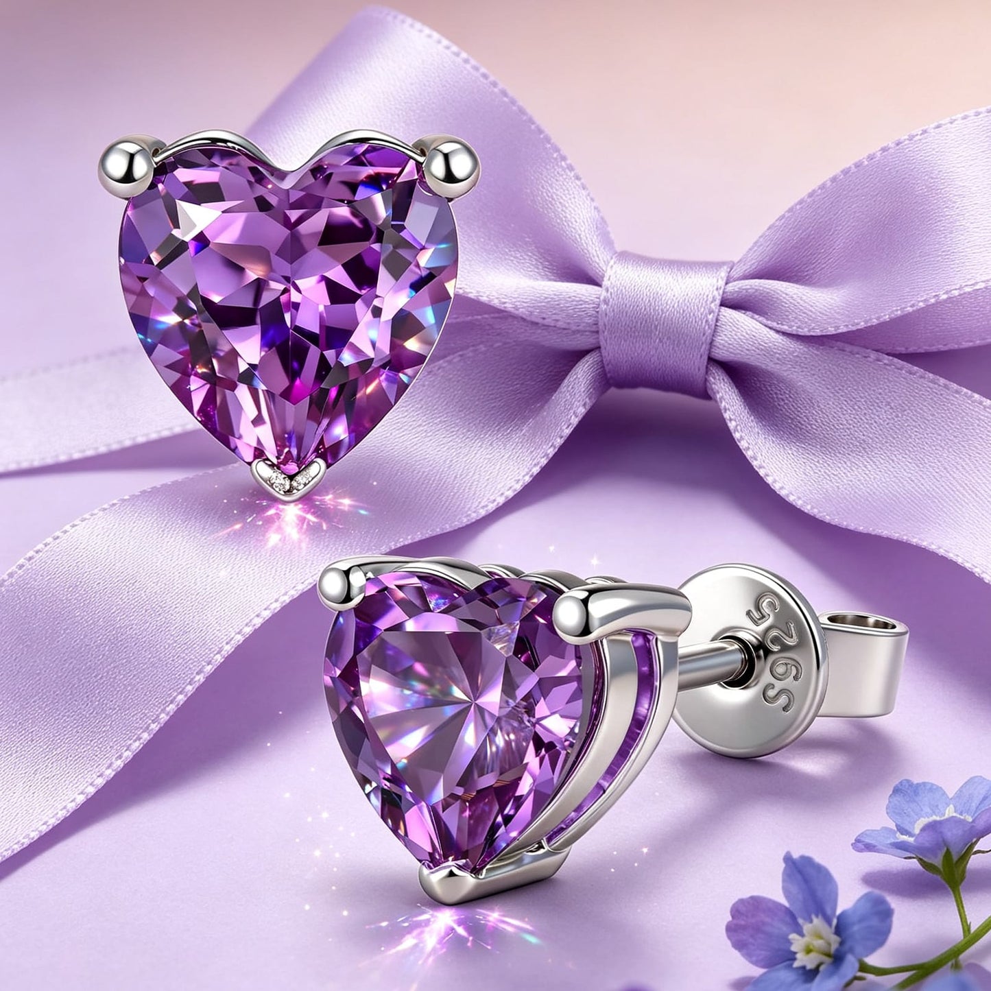 Sterling Silver 3.2 CT.TW Violet Vivid Purple Lab-Created Sapphire Heart Stud Earrings, June Birthstone Earrings with White Gold Plating (Includes GRC Certification From Gemstone Research Center)