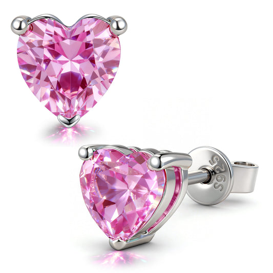 gona- Sterling Silver 3.2 CT.TW Fairy Pink Vivid Pink Lab-Created Sapphire Heart Stud Earrings, October Birthstone Earrings with White Gold Plating (Includes GRC Certification From Gemstone Research Center)