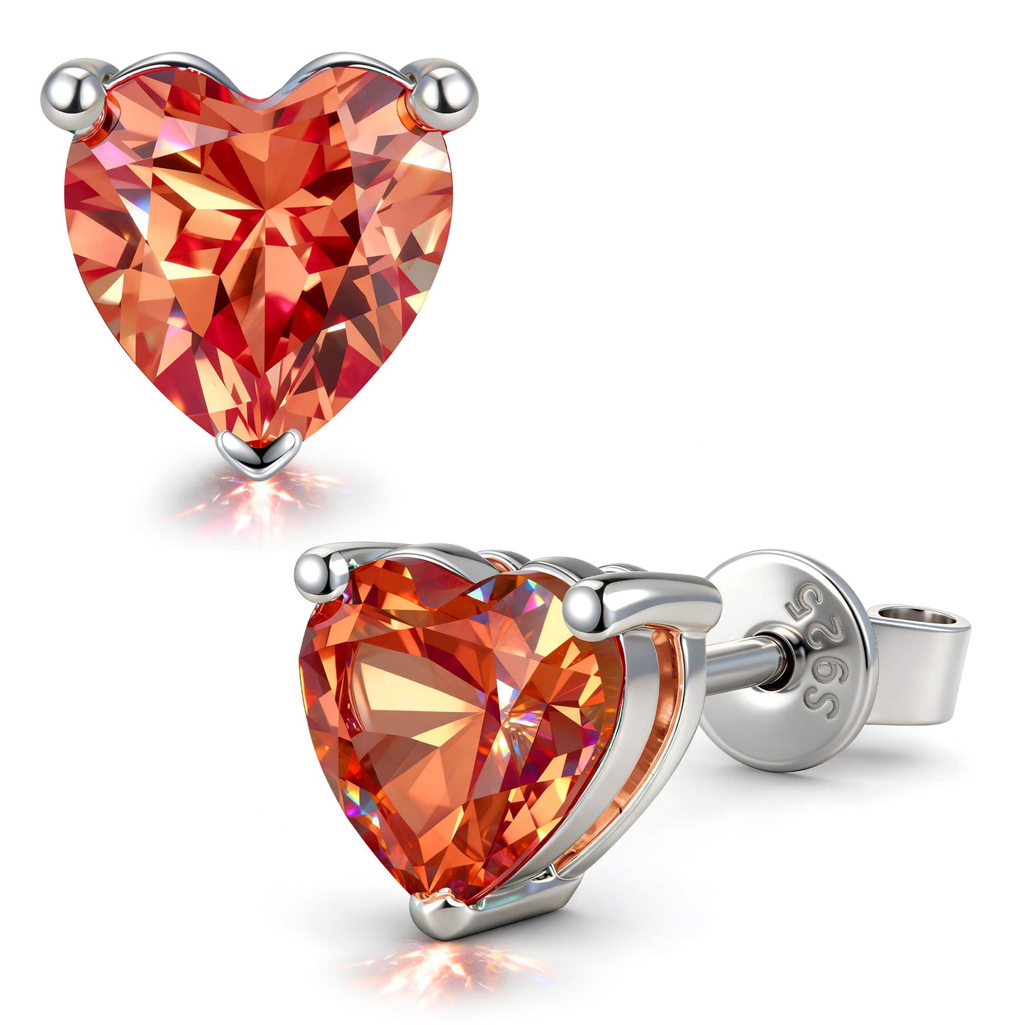 Sterling Silver 3.2 CT.TW Padparadscha Pinkish Orange Lab-Created Sapphire Heart Stud Earrings, January Birthstone Earrings with White Gold Plating (Includes GRC Certification From Gemstone Research Center)