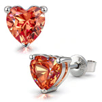 Sterling Silver 3.2 CT.TW Padparadscha Pinkish Orange Lab-Created Sapphire Heart Stud Earrings, January Birthstone Earrings with White Gold Plating (Includes GRC Certification From Gemstone Research Center)