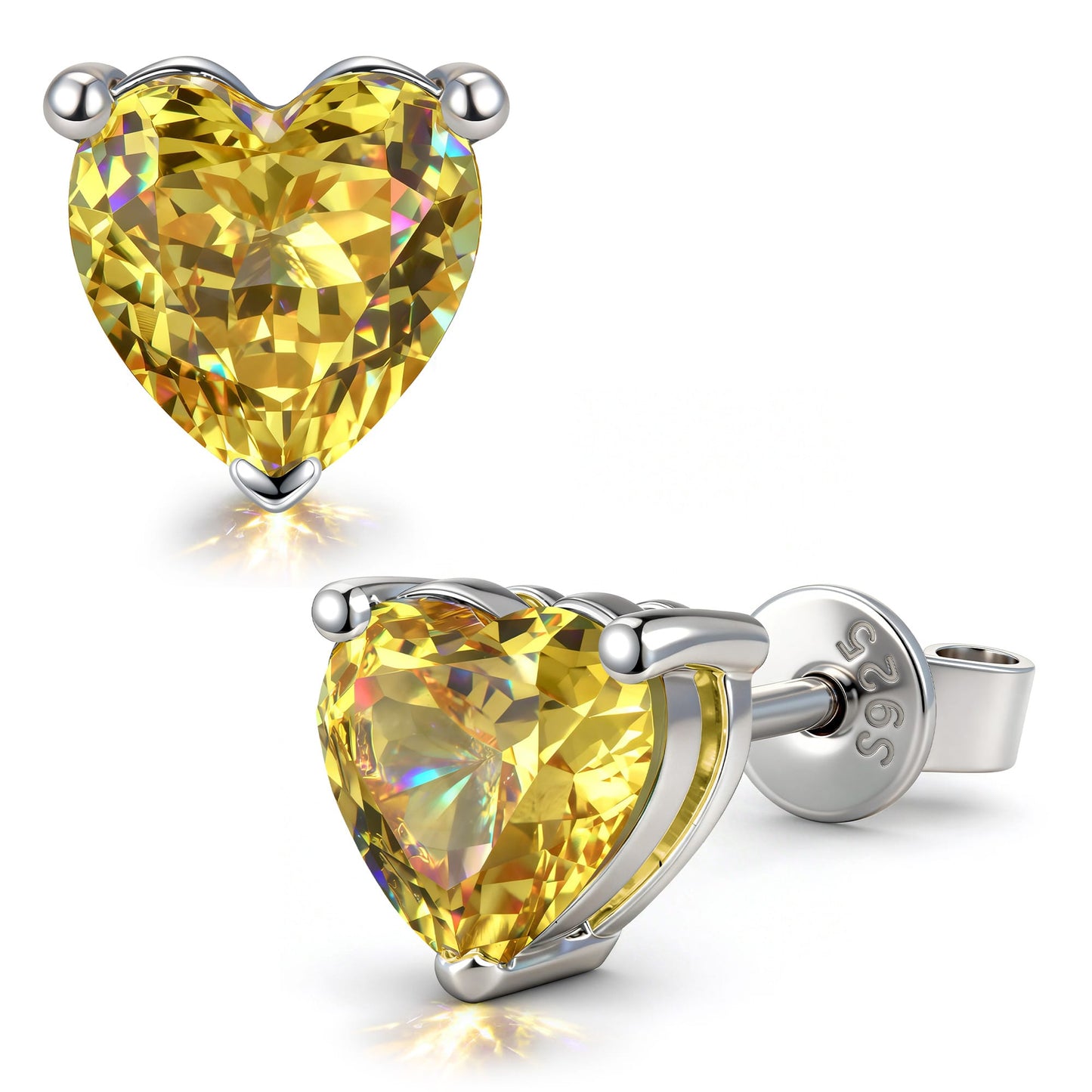 Sterling Silver 3.2 CT.TW Canary Vivid Yellow Lab-Created Sapphire Heart Stud Earrings, November Birthstone Earrings with White Gold Plating (Includes GRC Certification From Gemstone Research Center)