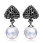 Sterling Silver Spades Poker Series Necklace and Pearl Earrings Set In White Gold Plated