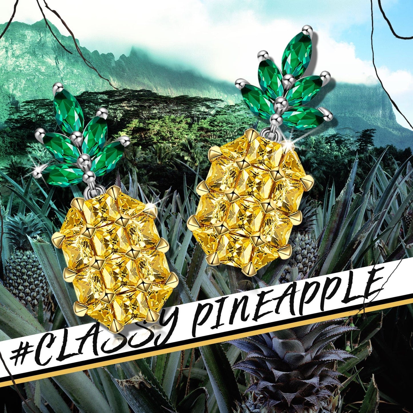 Vibrant Pineapple Pavé CZ Drop Earrings in Solid 925 Sterling Silver