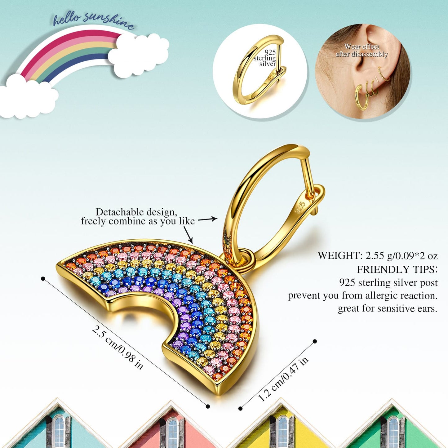 Multi-Hue Rainbow Pavé Dangle Hoop Earrings in Solid 925 Sterling Silver