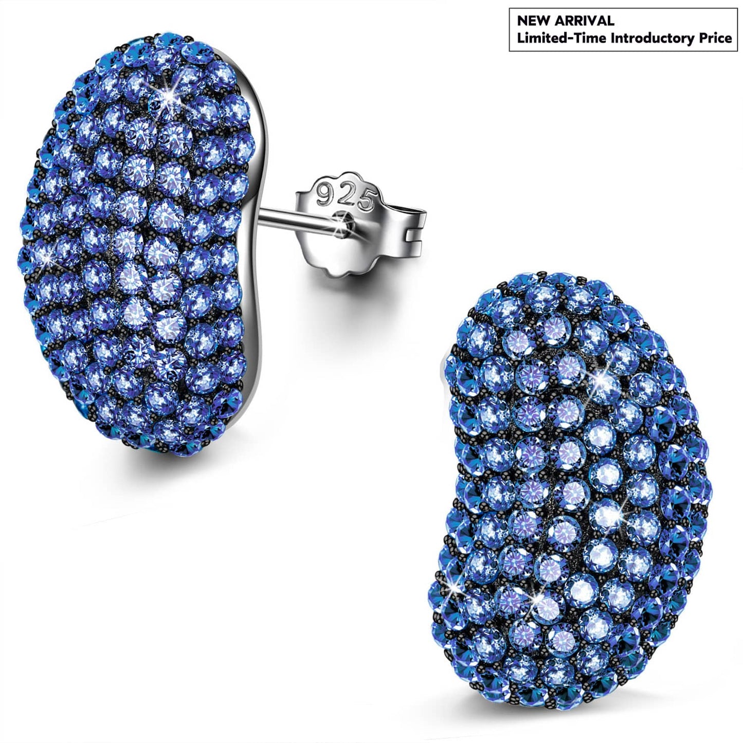 Deep Blue Pavé Oval Stud Earrings in Solid 925 Sterling Silver