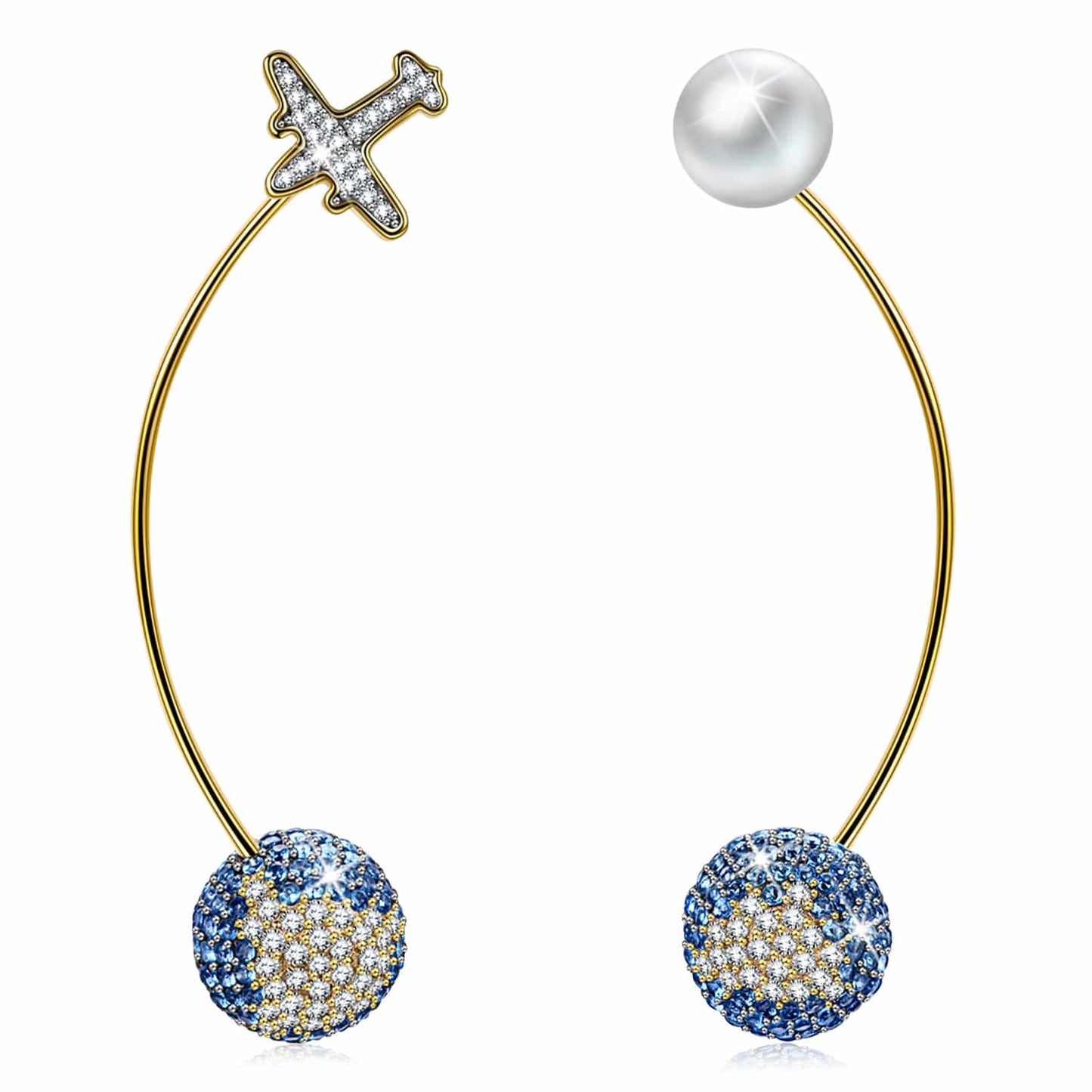 Airplane & World Map Asymmetrical Drop Earrings with Pearl Accent in Solid 925 Sterling Silver