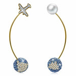 Airplane & World Map Asymmetrical Drop Earrings with Pearl Accent in Solid 925 Sterling Silver