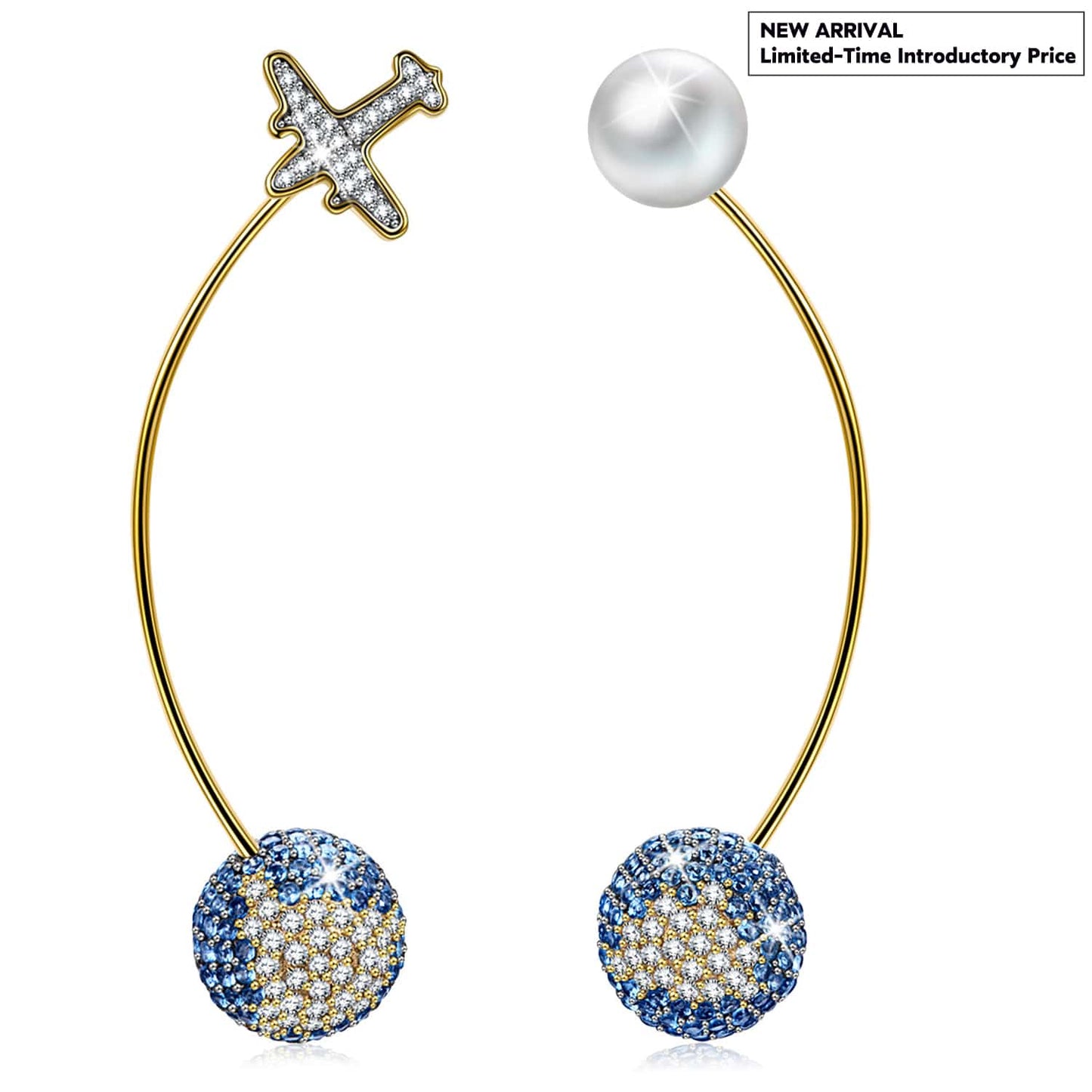 Airplane & World Map Asymmetrical Drop Earrings with Pearl Accent in Solid 925 Sterling Silver