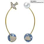 Airplane & World Map Asymmetrical Drop Earrings with Pearl Accent in Solid 925 Sterling Silver