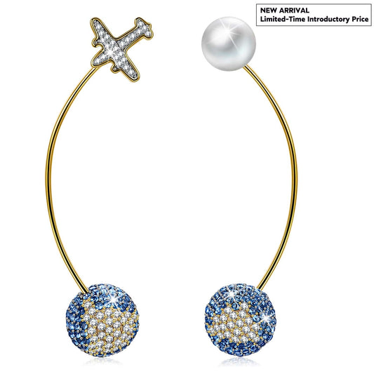 gona- Airplane & World Map Asymmetrical Drop Earrings with Pearl Accent in Solid 925 Sterling Silver