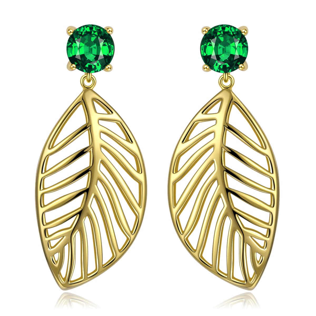 Emerald Green Glass Leaf Dangle Earrings in Solid 925 Sterling Silver