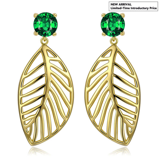 gona- Emerald Green Glass Leaf Dangle Earrings in Solid 925 Sterling Silver
