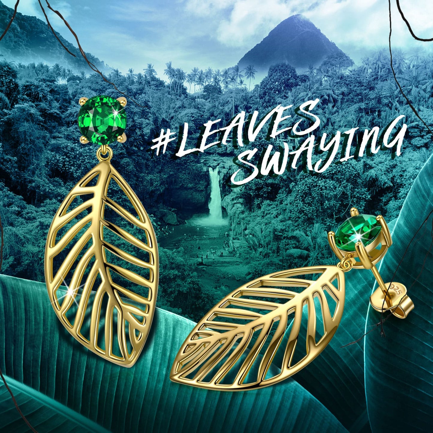 Emerald Green Glass Leaf Dangle Earrings in Solid 925 Sterling Silver