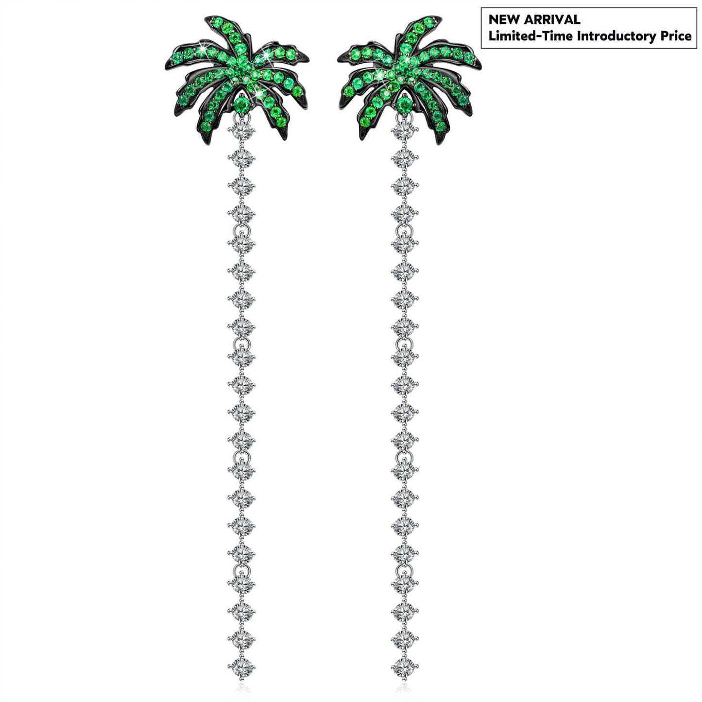 Tropical Emerald Green Palm Tree Long Dangle Earrings in Solid 925 Sterling Silver