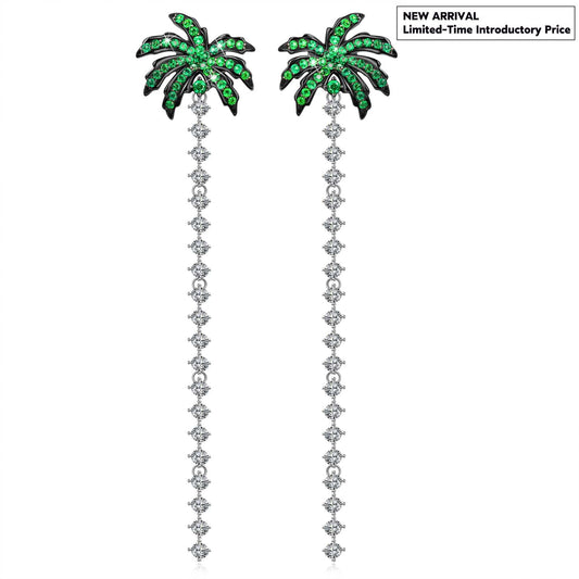 gona- Tropical Emerald Green Palm Tree Long Dangle Earrings in Solid 925 Sterling Silver