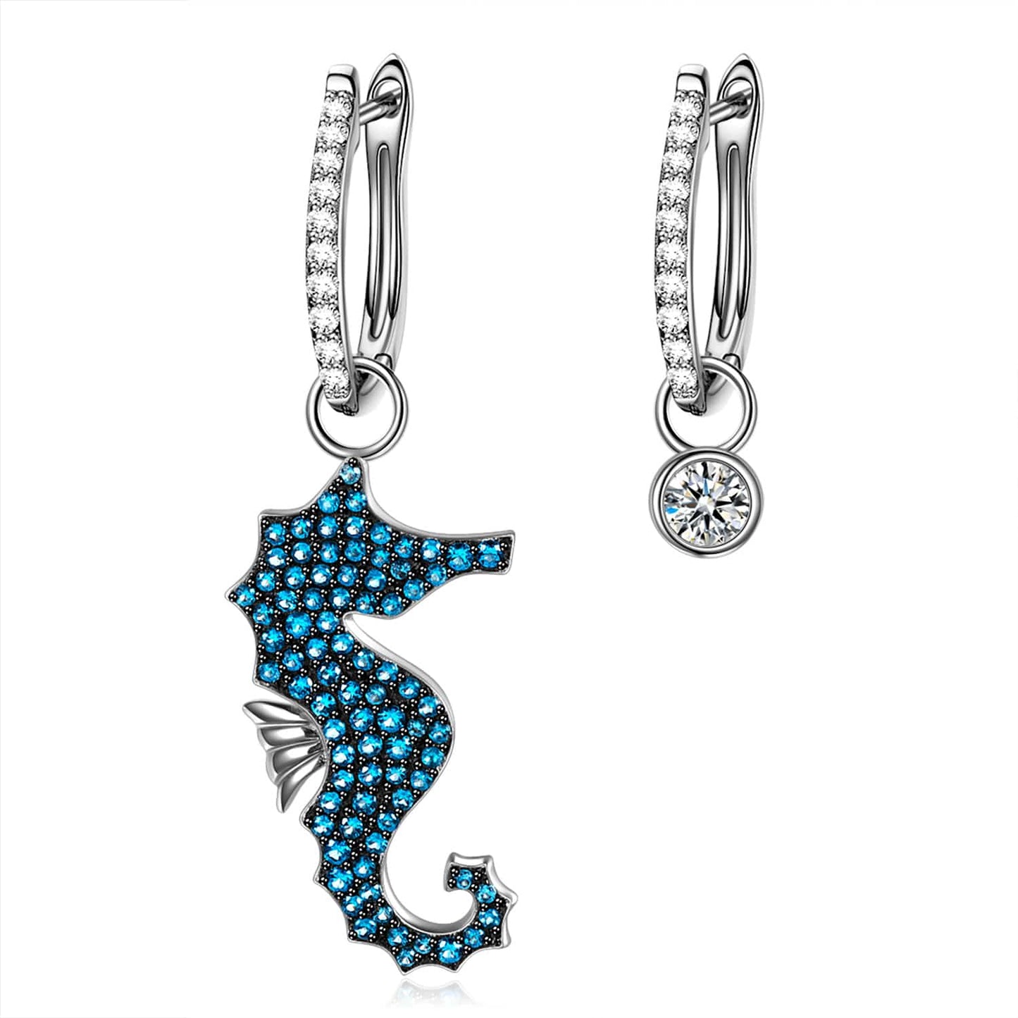 Ocean Seahorse Pavé Blue Zircon Asymmetrical Huggie Earrings in Solid 925 Sterling Silver