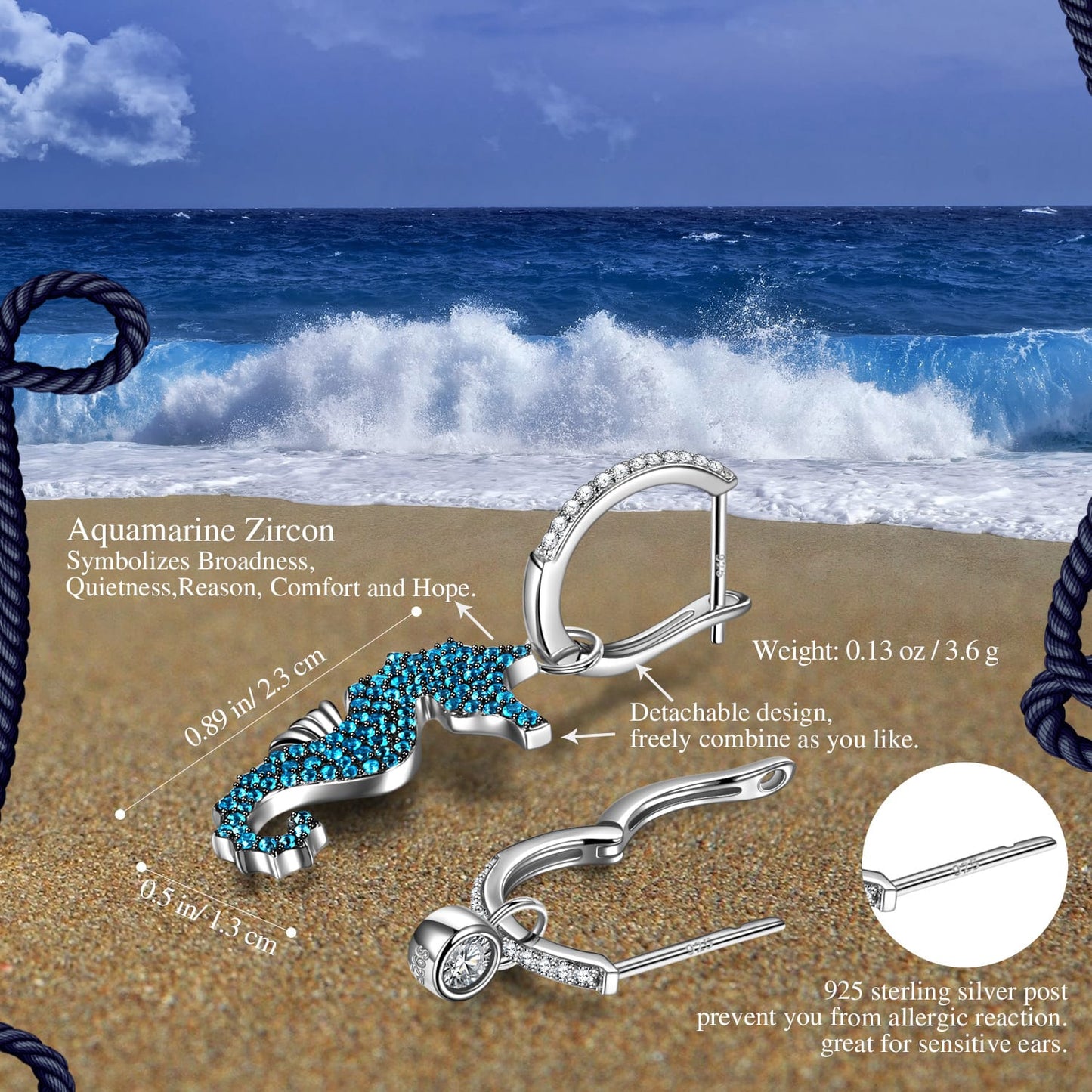 Ocean Seahorse Pavé Blue Zircon Asymmetrical Huggie Earrings in Solid 925 Sterling Silver