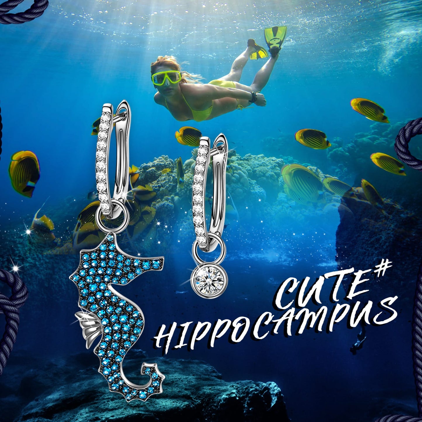 Ocean Seahorse Pavé Blue Zircon Asymmetrical Huggie Earrings in Solid 925 Sterling Silver