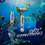 Ocean Seahorse Pavé Blue Zircon Asymmetrical Huggie Earrings in Solid 925 Sterling Silver