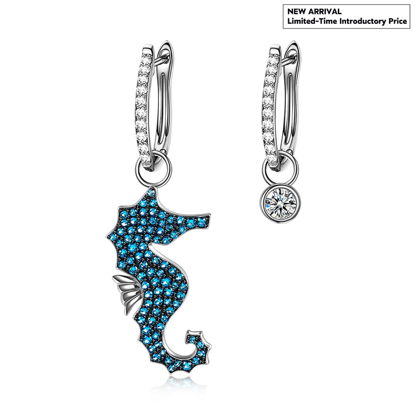 Ocean Seahorse Pavé Blue Zircon Asymmetrical Huggie Earrings in Solid 925 Sterling Silver
