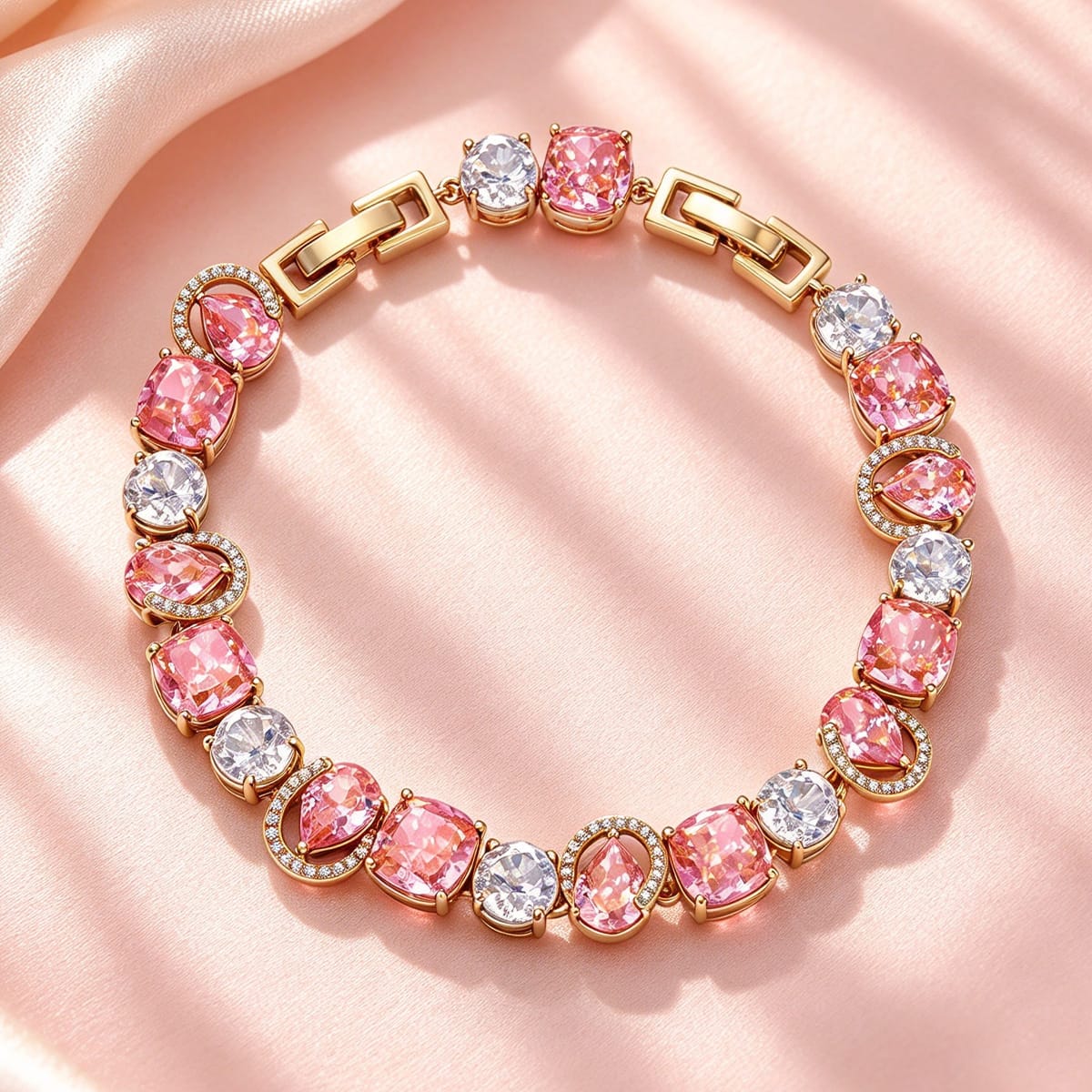 Padparadscha Sunset Ice-Flower Lab Zircon Tennis Adjustable Bracelet, 14K Gold-Plated