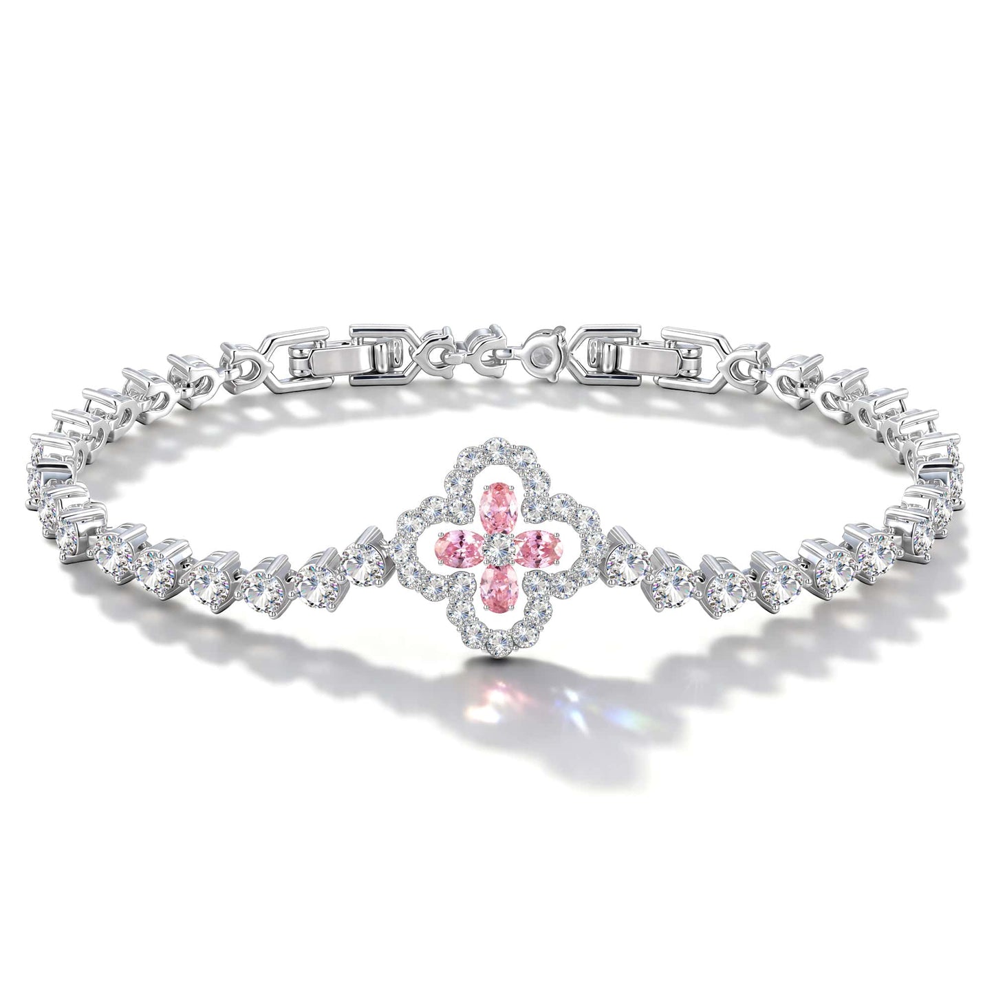 Fleur Quadrifoglio Gem Chain Bracelet in White Gold Plated Finish