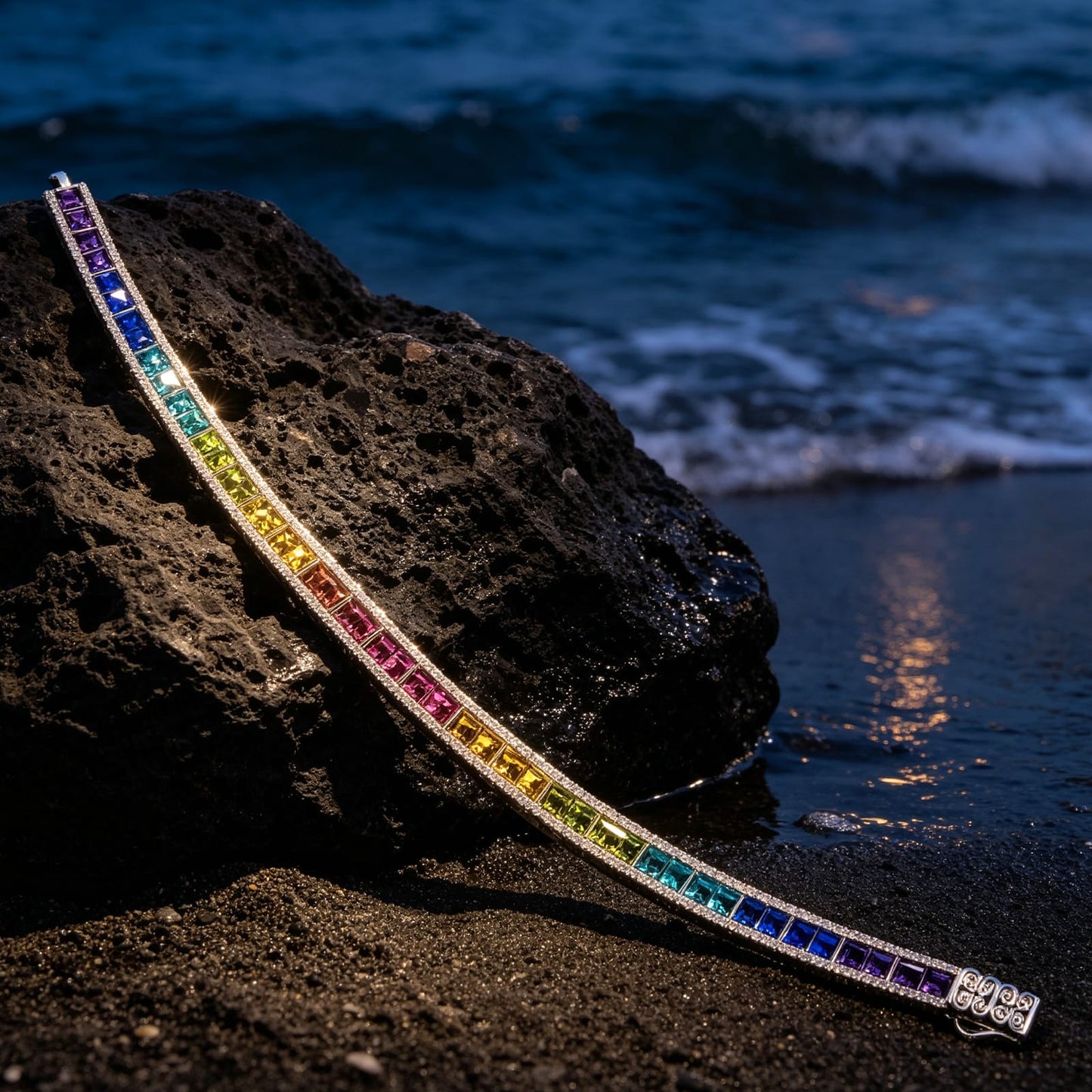 Rainbow Bridge Lumière Tennis Bracelet — Handcrafted with Swarovski® Crystals, White Gold Plated
