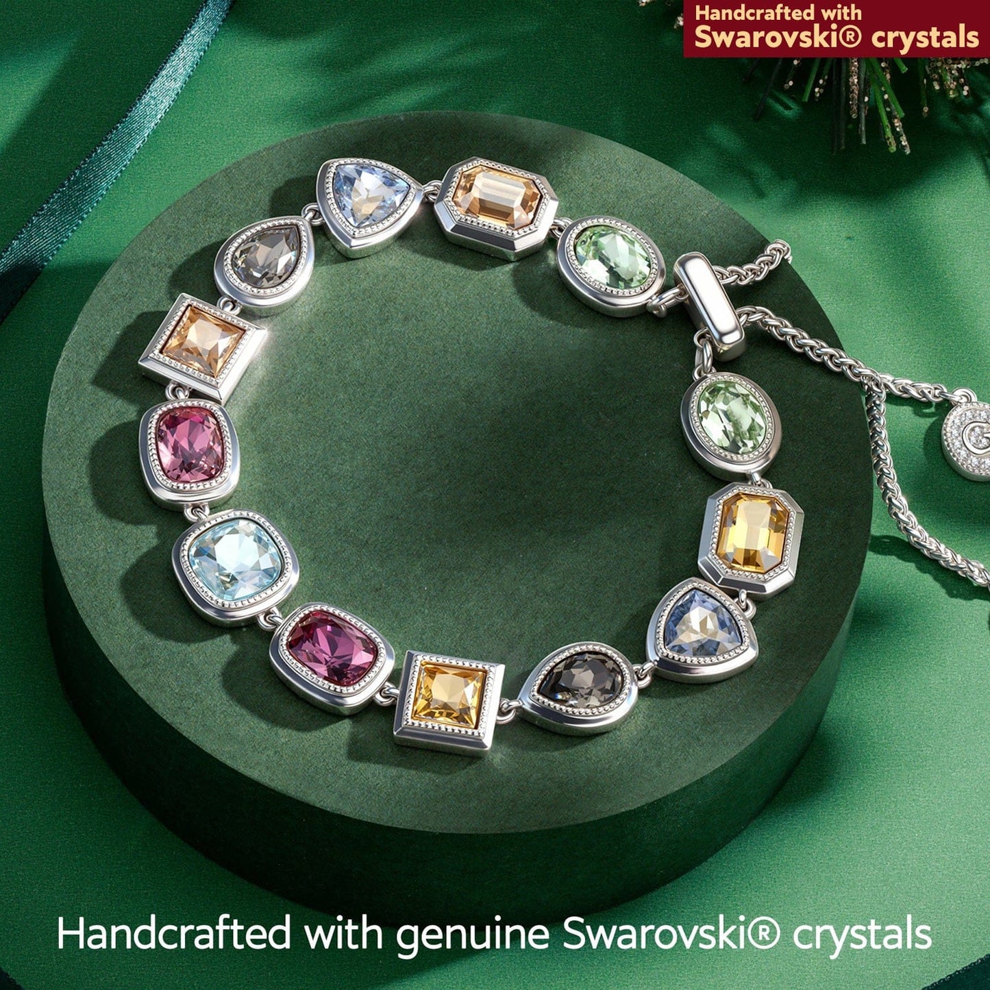 Lucky 7 Multi-Color Crystal Wish Bracelet, White Gold Plated - Handcrafted with Swarovski® Crystals, Adjustable Bolo Slider, Fits Wrist Sizes 5.6" - 8.9"