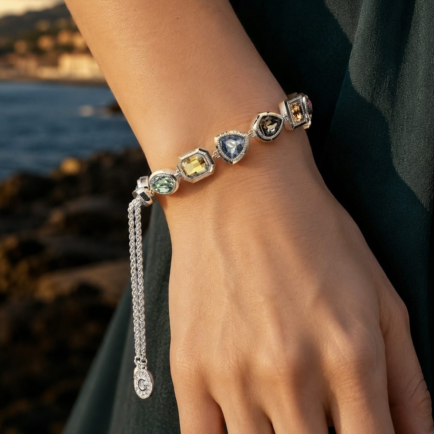 Lucky 7 Multi-Color Crystal Wish Bracelet, White Gold Plated - Handcrafted with Swarovski® Crystals, Adjustable Bolo Slider, Fits Wrist Sizes 5.6" - 8.9"