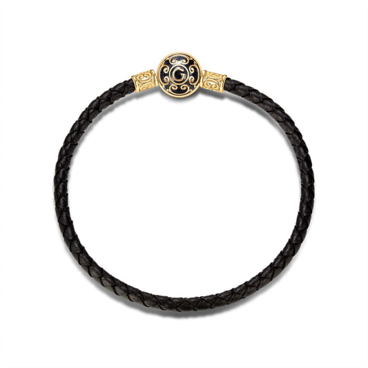 gon- Black Leather Bracelet Tarnish-resistant Silver Bracelet With Enamel In 14K Gold Plated