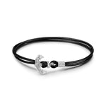 Black Leather Anchor Tarnish-resistant Silver Bracelet In White Gold Plated
