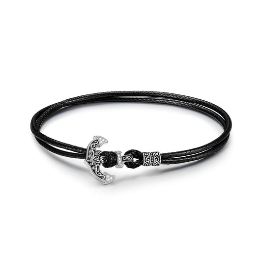 gon- Black Leather Anchor Tarnish-resistant Silver Bracelet In White Gold Plated