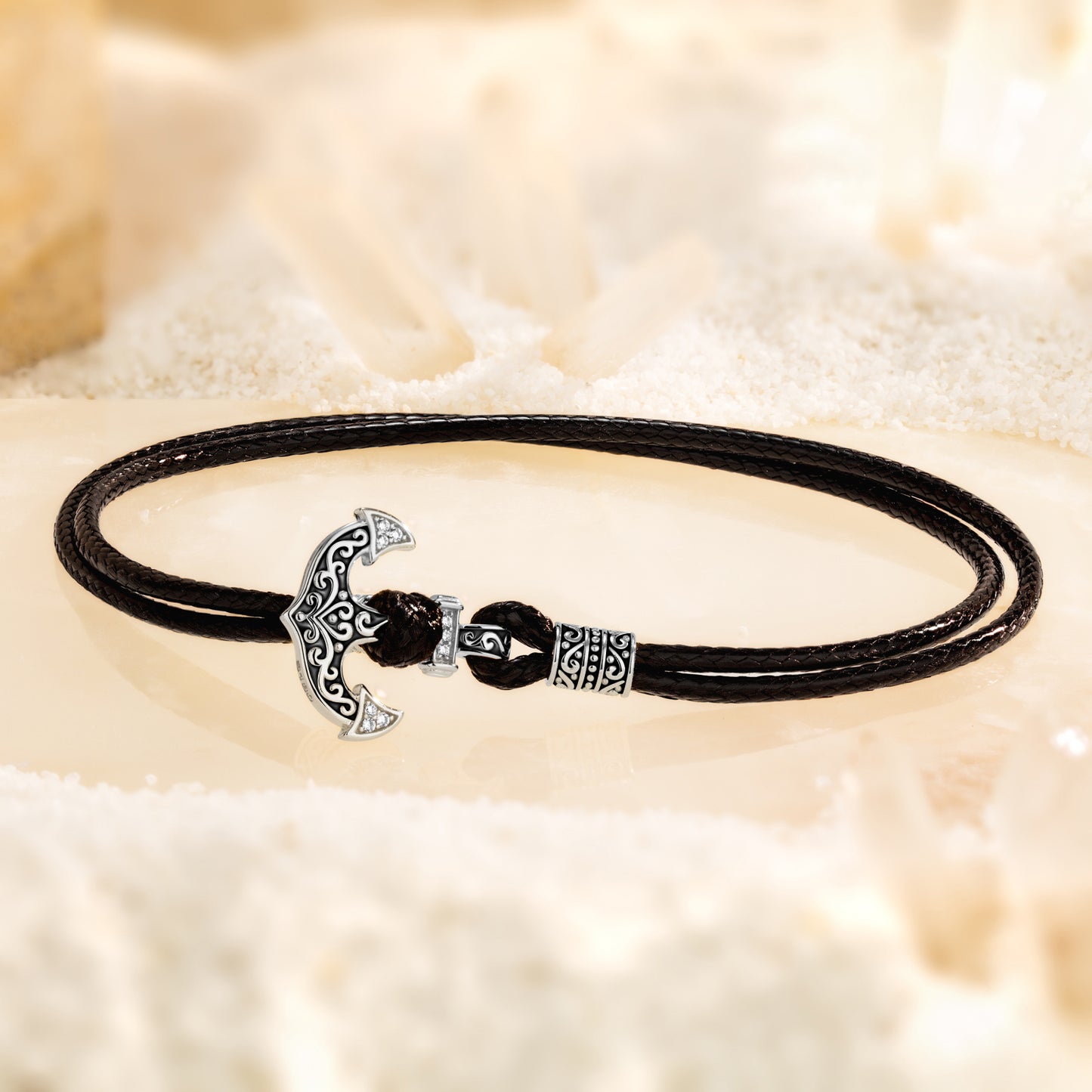 Black Leather Anchor Tarnish-resistant Silver Bracelet In White Gold Plated